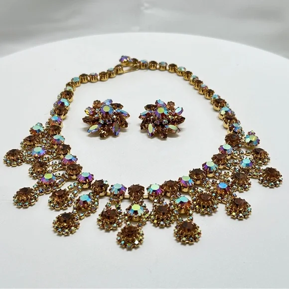 Kramer, Stunning Vintage Amber AB Rhinestone Necklace & Earrings Set, Clips